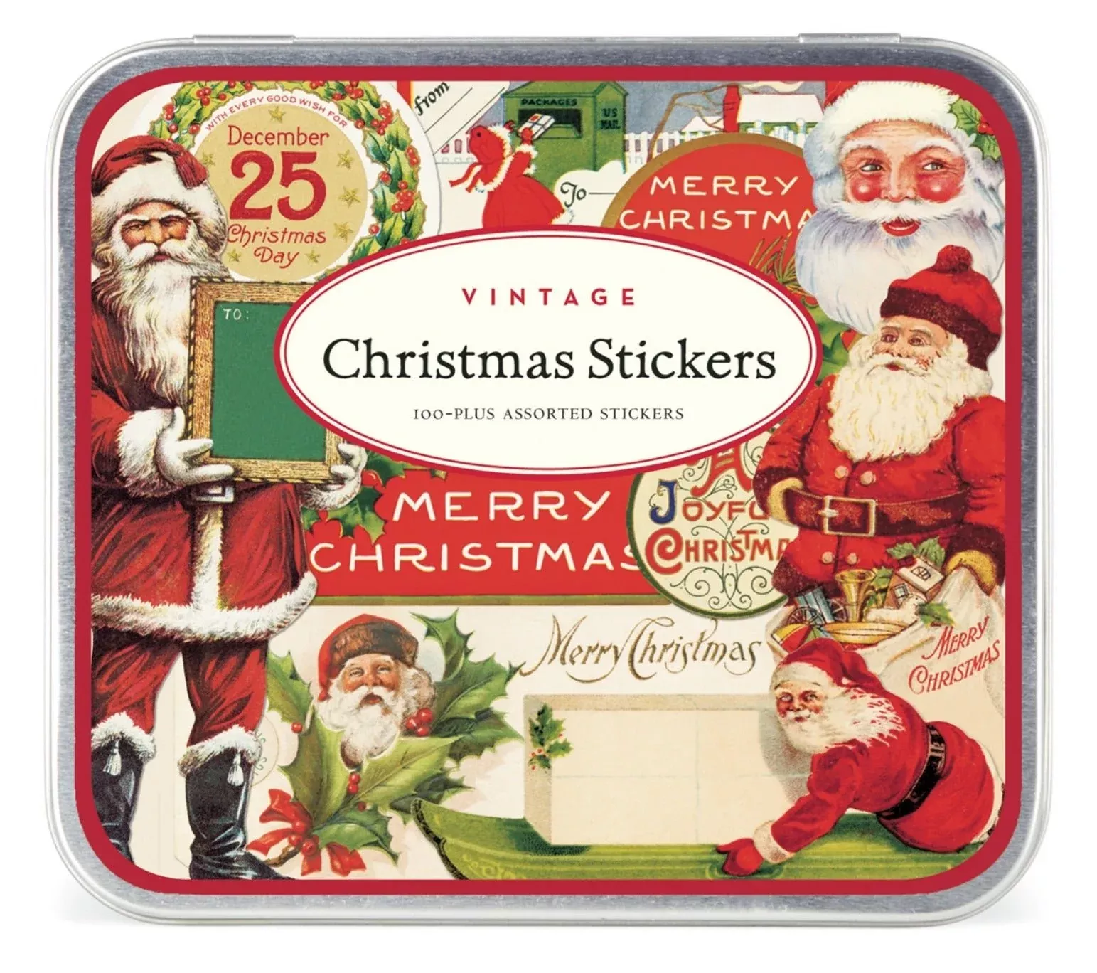 100+ Assorted Vintage-Style Christmas Stickers in Metal Tin