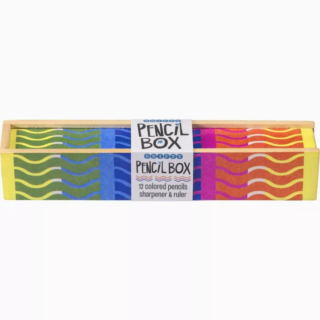 12 Colored Pencils in Wooden Box w Sharpener Wiggle Pattern
