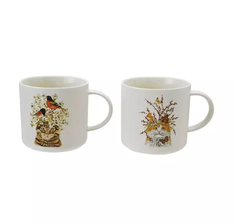 14 oz. Stoneware Mug with Cat & Flora/Fauna, CHOICE of Styles