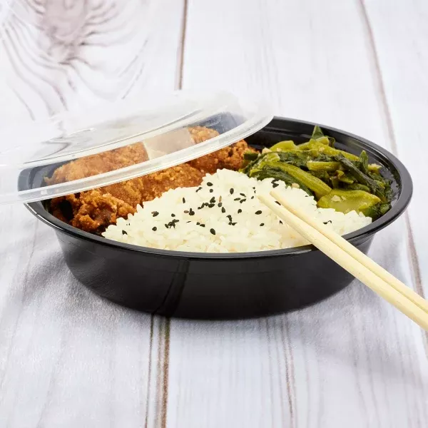 [150 sets] 24 oz PP Plastic Microwavable Round Food Containers & Lids, Black
