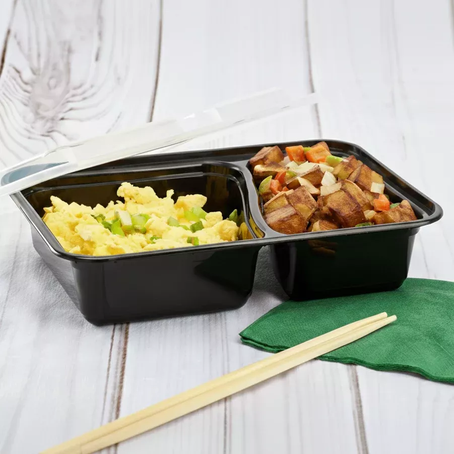 [150 sets] 30 oz PP Plastic Microwavable Rectangular Food Containers & Lids, Black, 2 Compartments