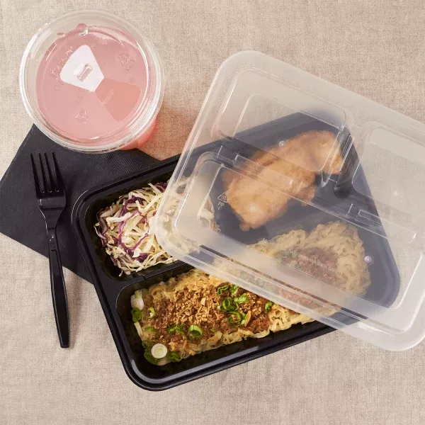 [150 sets] 32 oz PP Plastic Microwavable Rectangular Food Containers & Lids, Black, 3 Compartments