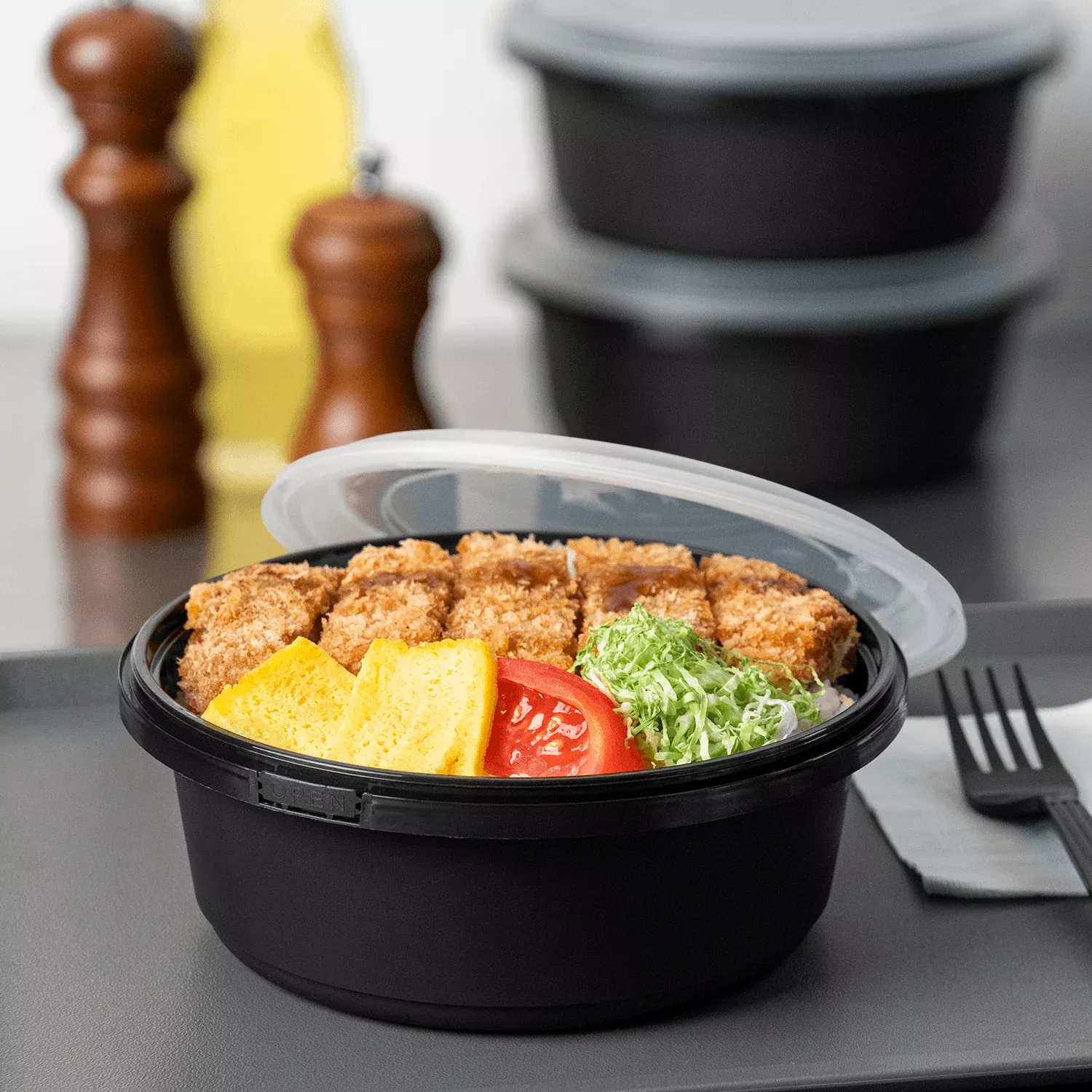 [150 sets] 34 oz PP Tamper Resistant Injection Molded Microwaveable Black Food Container w/Clear lid
