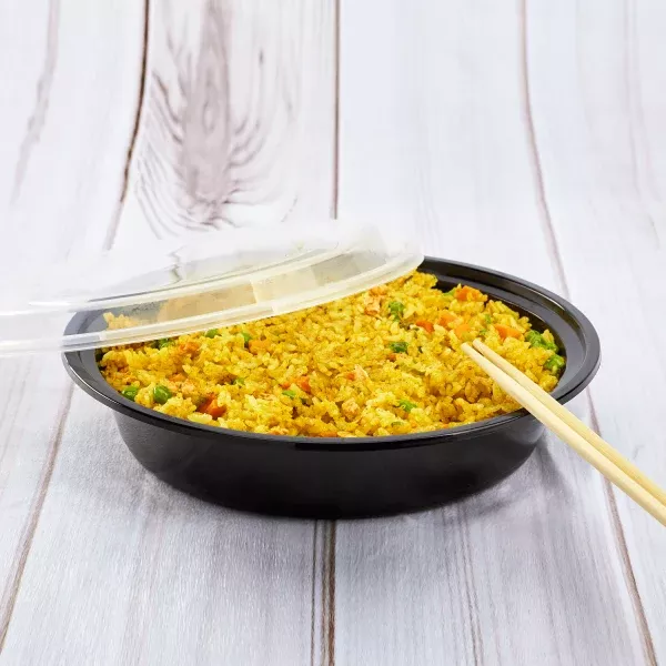 [150 sets] 48 oz PP Plastic Microwavable Round Food Containers & Lids (Black)