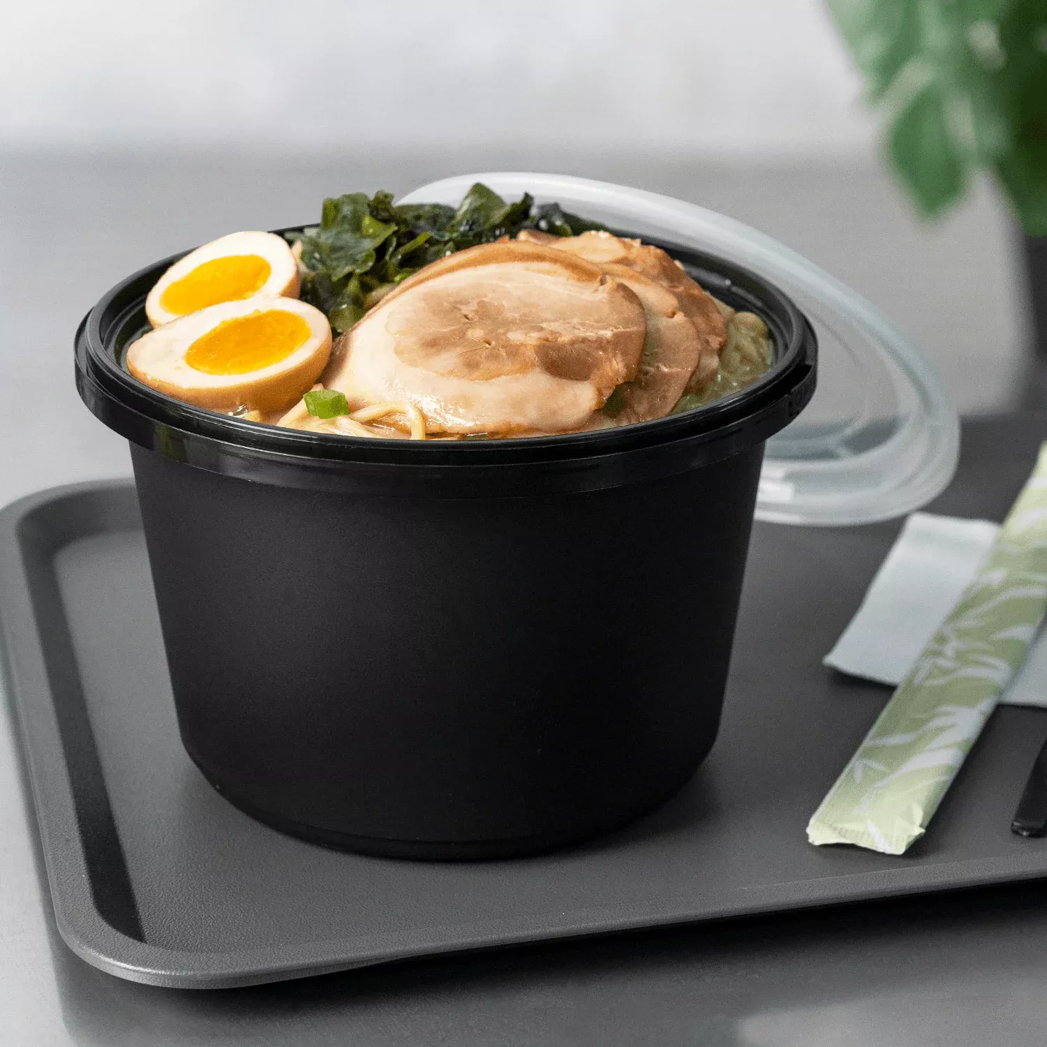 [150 sets] 60 oz PP Tamper Resistant Injection Molded Microwaveable Black Food Container w/Clear lid