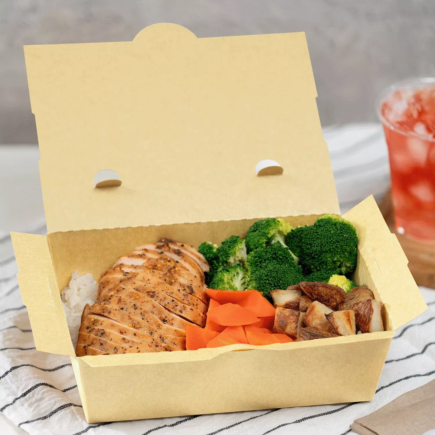 [200 ct] Paper Folding Take-Out Container | Vented Holes | 63 fl. oz | Kraft