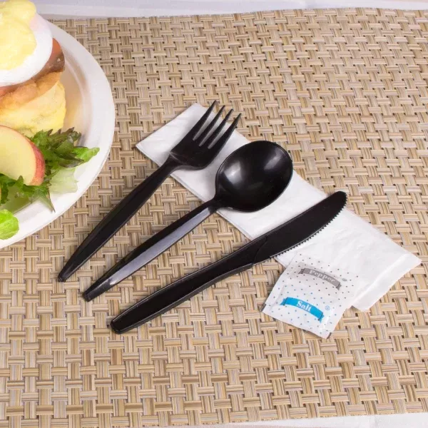 [250 sets] PP Plastic Medium-Heavy Weight Cutlery Kits with Salt and Pepper, Black