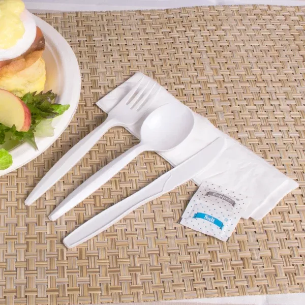 [250 sets] PP Plastic Medium-Heavy Weight Cutlery Kits with Salt and Pepper, White