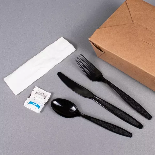 [250 sets] PS Plastic Heavy Weight Cutlery Kits with Salt and Pepper, Black