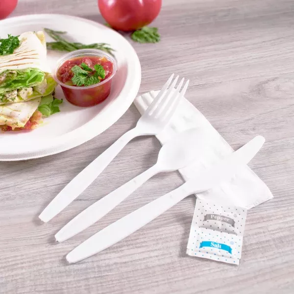 [250 sets] PS Plastic Heavy Weight Cutlery Kits with Salt and Pepper, White