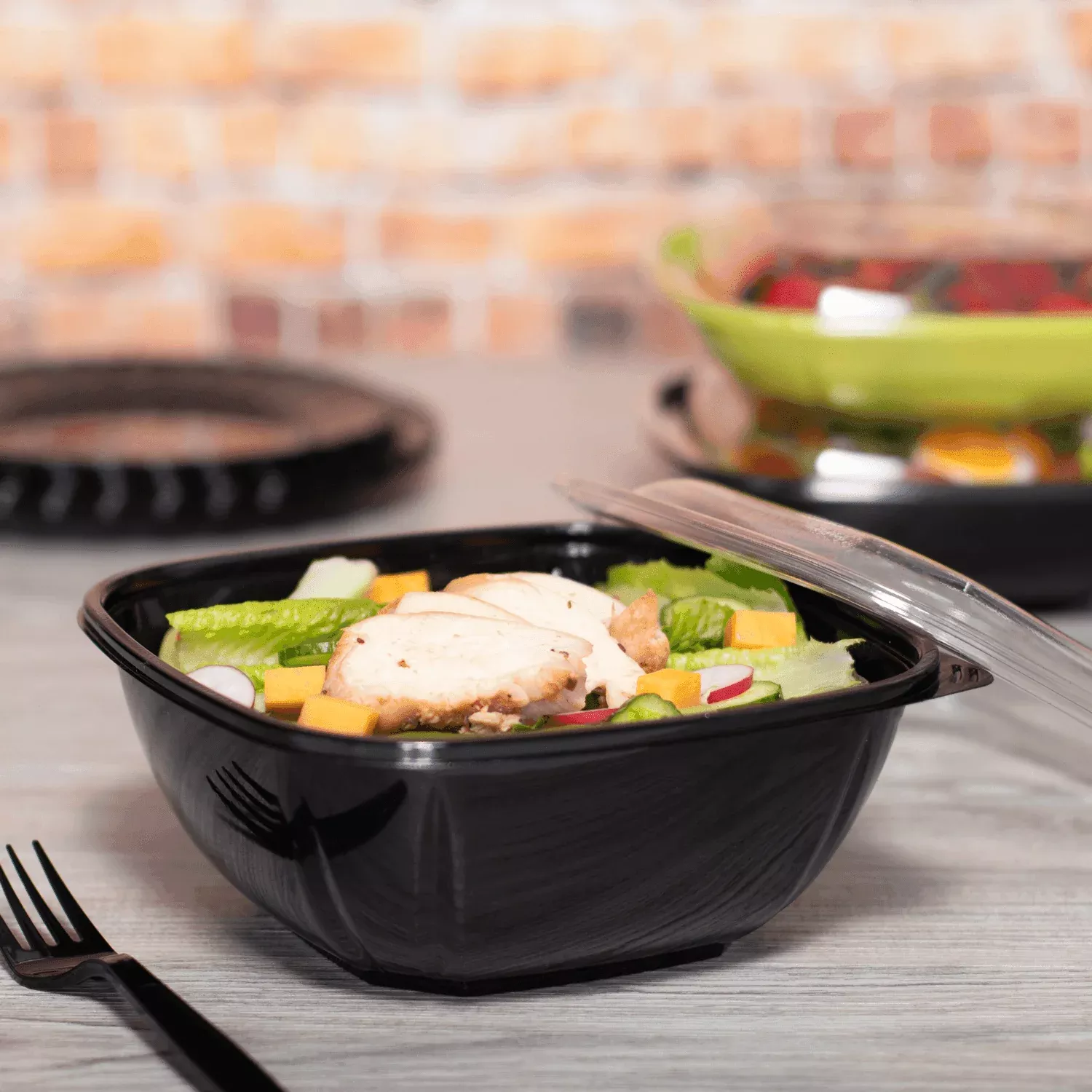 [300 ct] 48 oz Square Disposable Salad Bowl | PET | Black