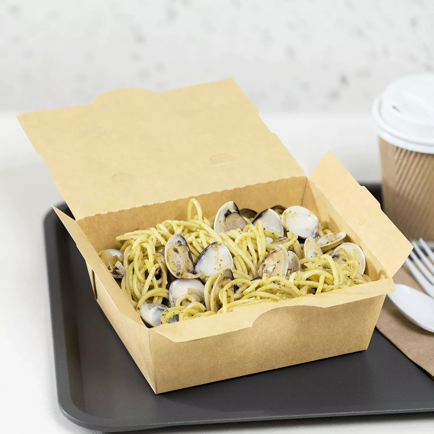 [300 ct] Paper Folding Take-Out Container | Vented Holes | 45 fl. oz | Kraft