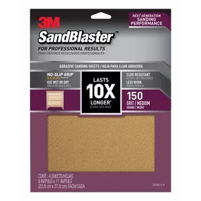 3M Sandblaster Sandpaper – 9" x 11" –150 Grit – Pack of 4