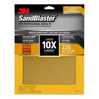 3M Sandblaster Sandpaper – 9" x 11" –220 Grit – Pack of 4