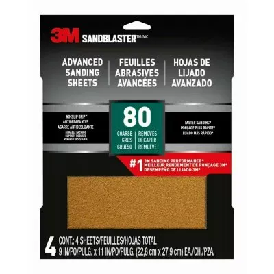 3M Sandblaster Sandpaper – 9" x 11" –80 Grit – Pack of 4