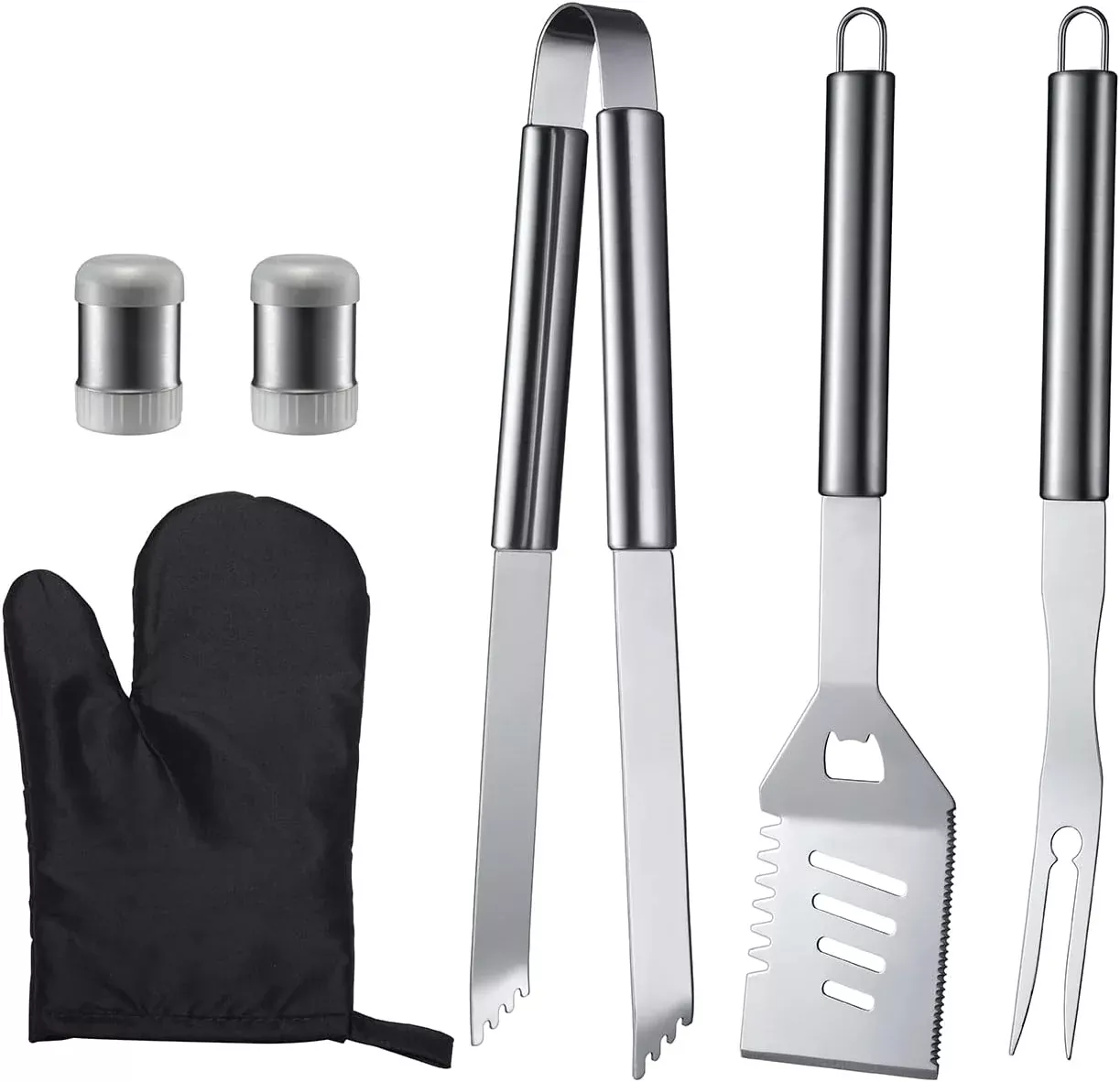 6-Piece BBQ Grill Tool Set, Stainless Steel Spatula, Fork, Tongs, Kitchen Cooking Barbecue Camping Utensil Kit, Perfect Accessories for Outdoor Grilling
