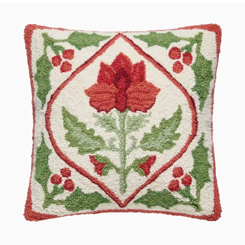 Amaryllis Flower with Holly Hooked Rug Holiday Pillow