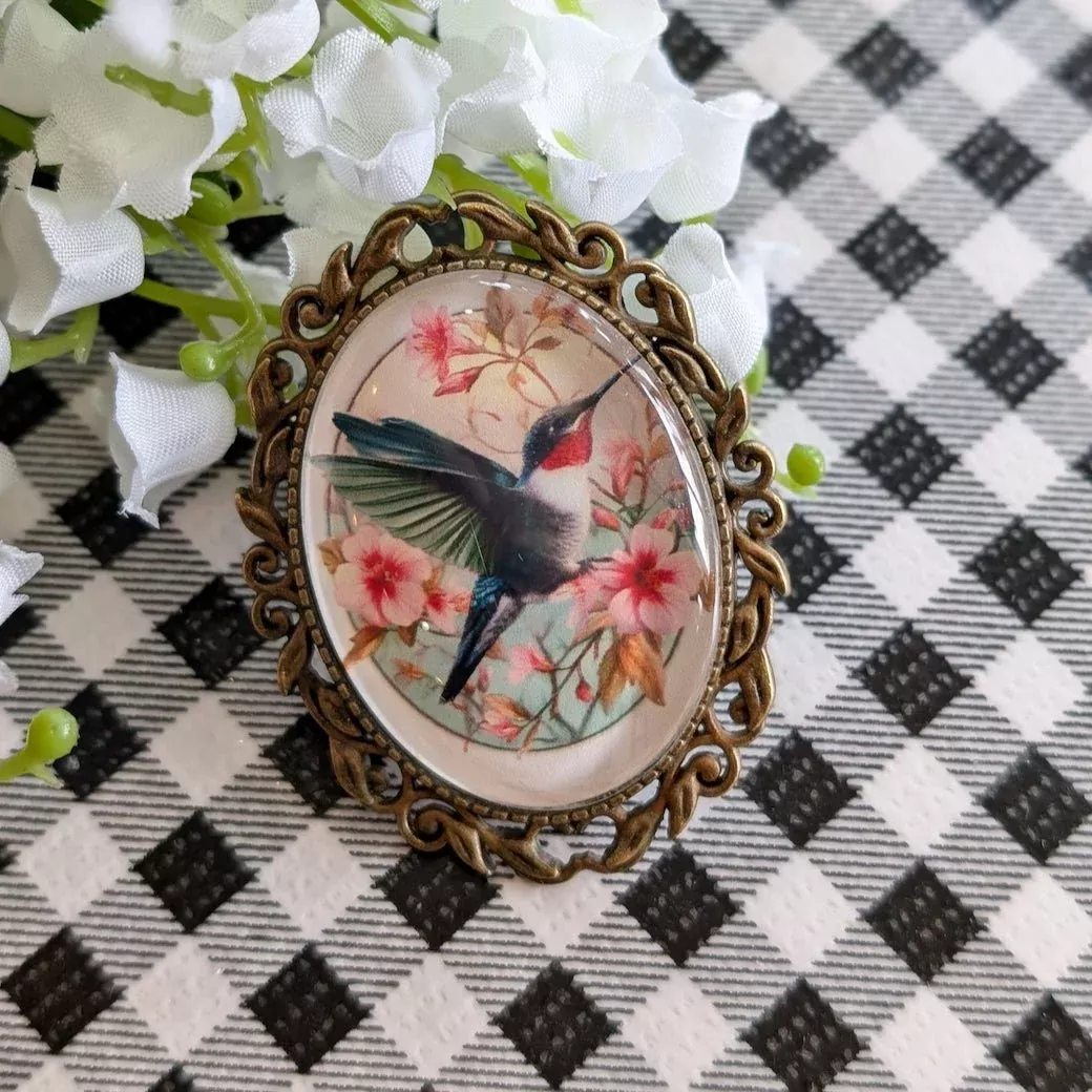 Art Nouveau Large Oval Brooch Hummingbird