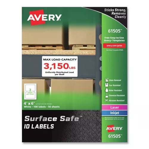 Avery 61505 Surface Safe 4 in. x 6 in. ID Labels - White (100/Box)