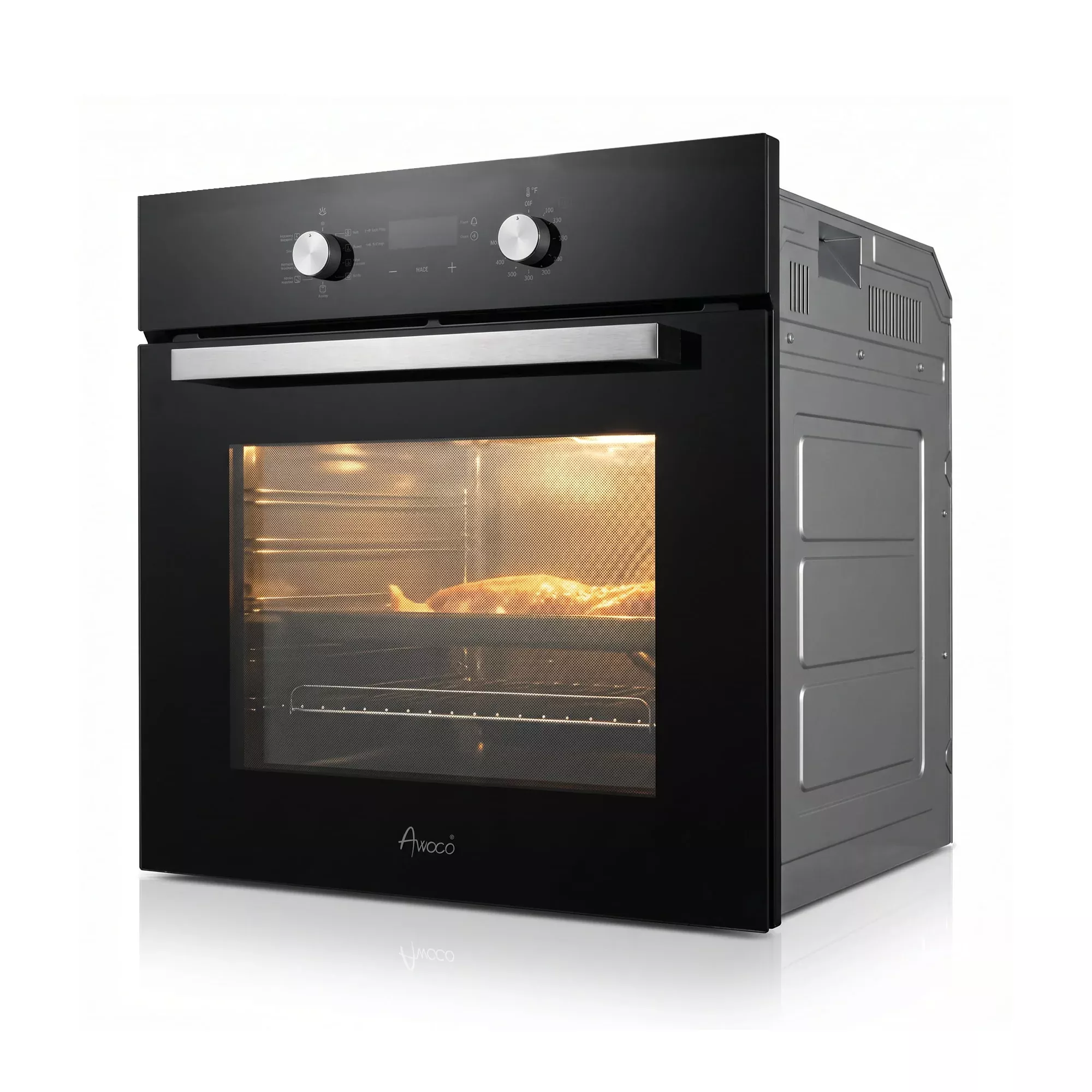 Awoco 24” Built-in Electric Oven, 2.37 Cu ft. Single Wall Oven with 9 Cooking Modes, 360° Rotating Rotisserie, 3440W, Mechanical Knobs Control, LCD Display, Timer, Stainless Steel Wall Oven for Kitchen