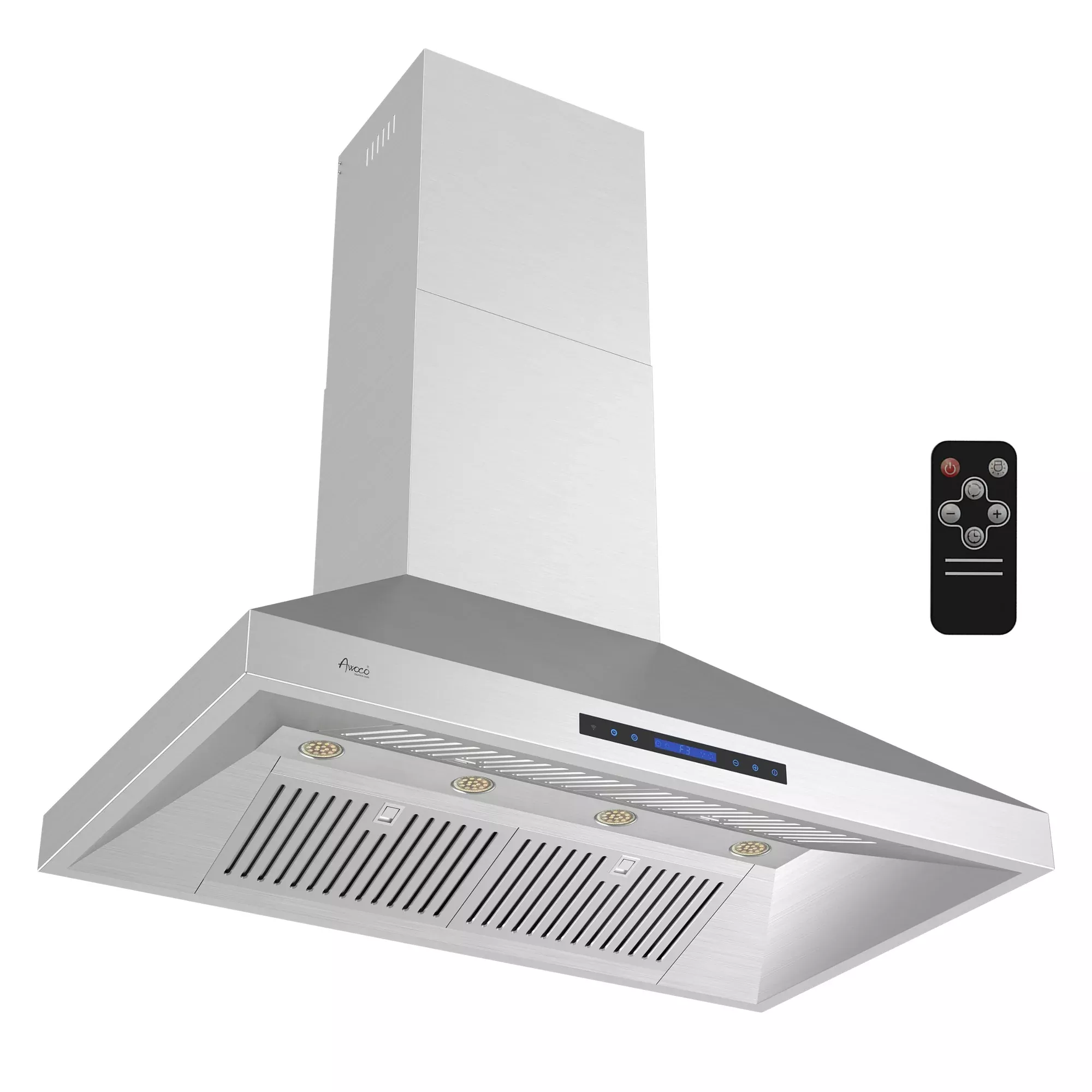 Awoco 48”W Indoor 27”D Wall Mount Range Hood with Touch & Remote Control, Stainless Steel 4 Speeds 1200 CFM Adjustable Chimneys 4 LED Lights 2 x 6” Round Top Vent