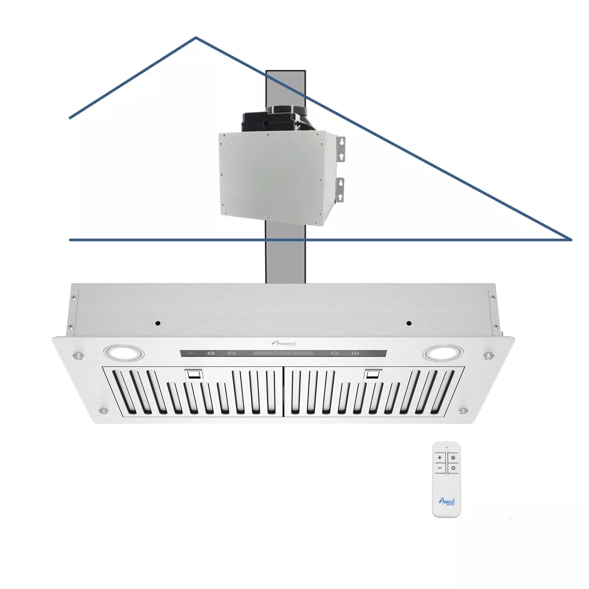 Awoco RH-IT06-R Ceiling Mount 14-1/2”D Super Quiet Split Stainless Steel Range Hood, 4-Speed, 800 CFM, Mesh Filters, Remote Control with 6” Blower