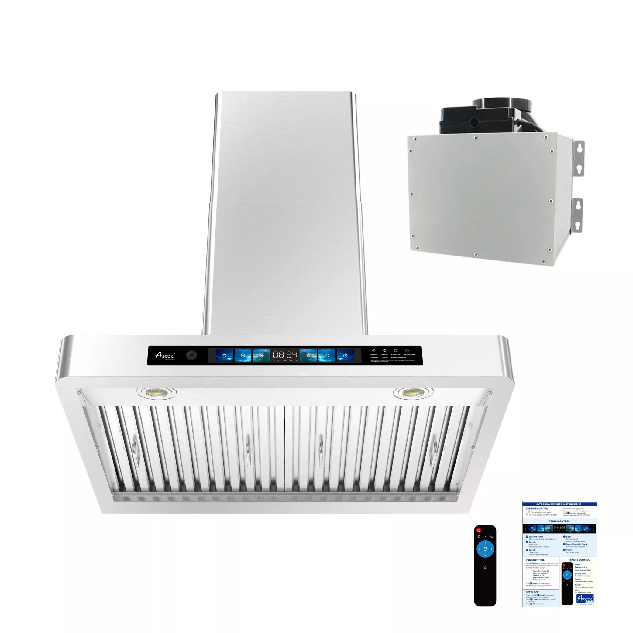 Awoco RH-WT-V Wall Mount Range Hood - 800CFM - Voice & Gesture -Adjustable Chimney, With 6” Blower Unit
