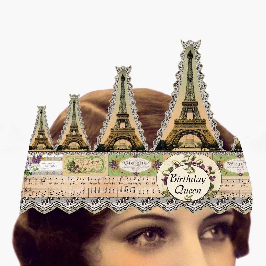 Birthday Queen Eiffel Tower Wearable Mailable Paper Tiara Greeting Card