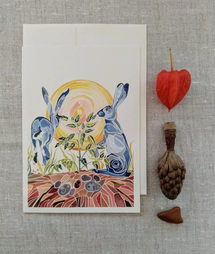 Blue Bunnies And Purple Potatoes Greeting Cards