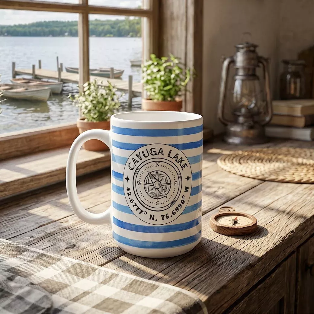 Blue Striped Cayuga Lake Ithaca Mug 15 oz
