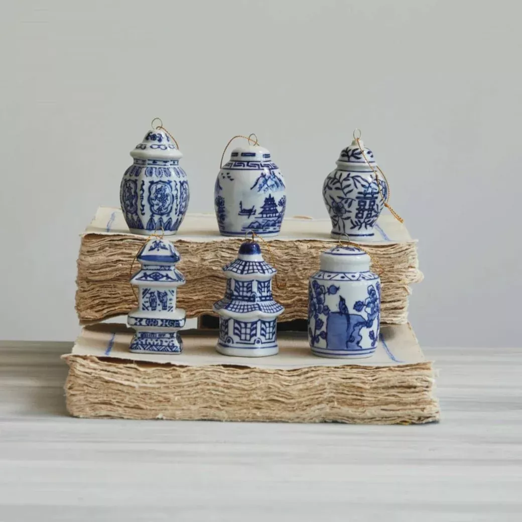 Blue & White Stoneware Ginger Jar Ornaments CHOICE of Six Styles