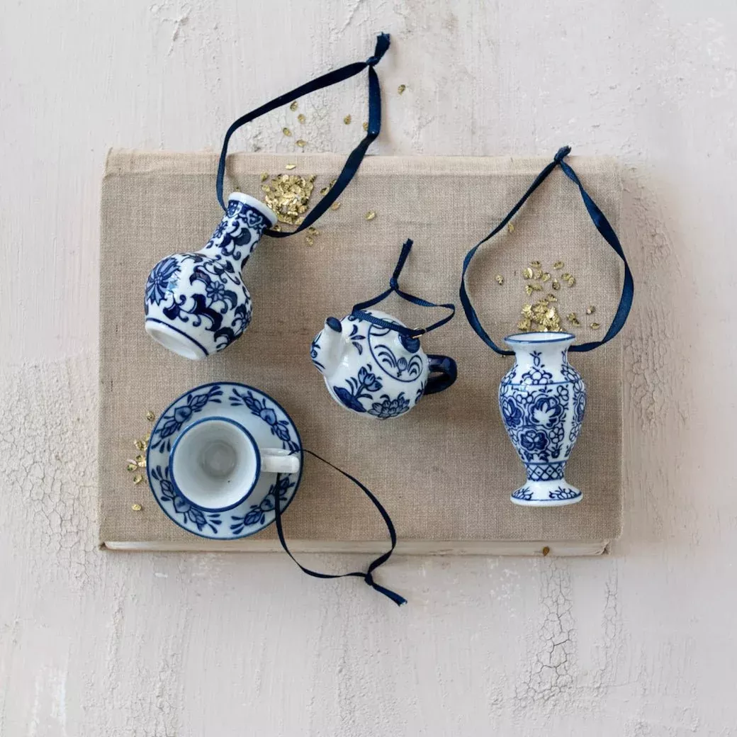 Blue & White Stoneware Vase, Teapot, & Teacup Ornaments CHOICE of Style