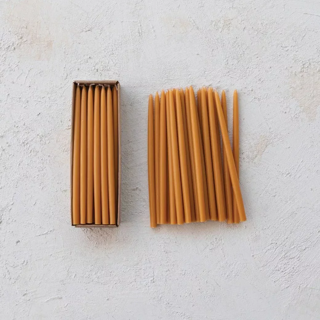 Boxed Set of 24 Half-Inch Unscented Thin Taper Candles Caramel Color