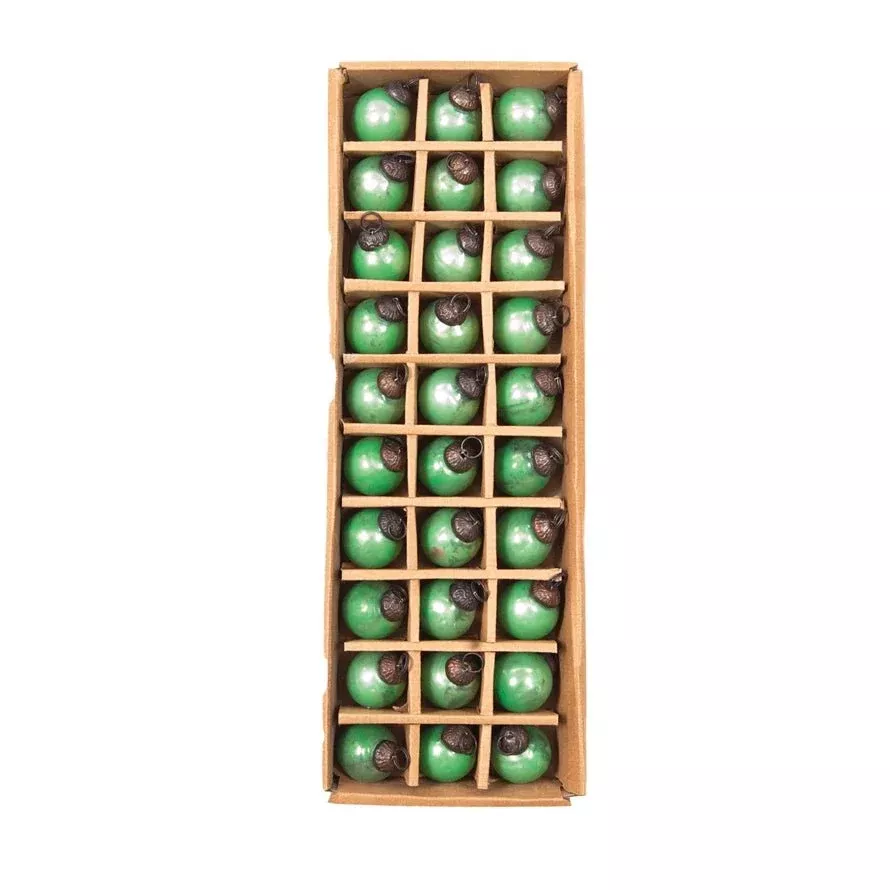 Boxed Set Thirty 1" Round Mini Glass Ball Ornaments GREEN