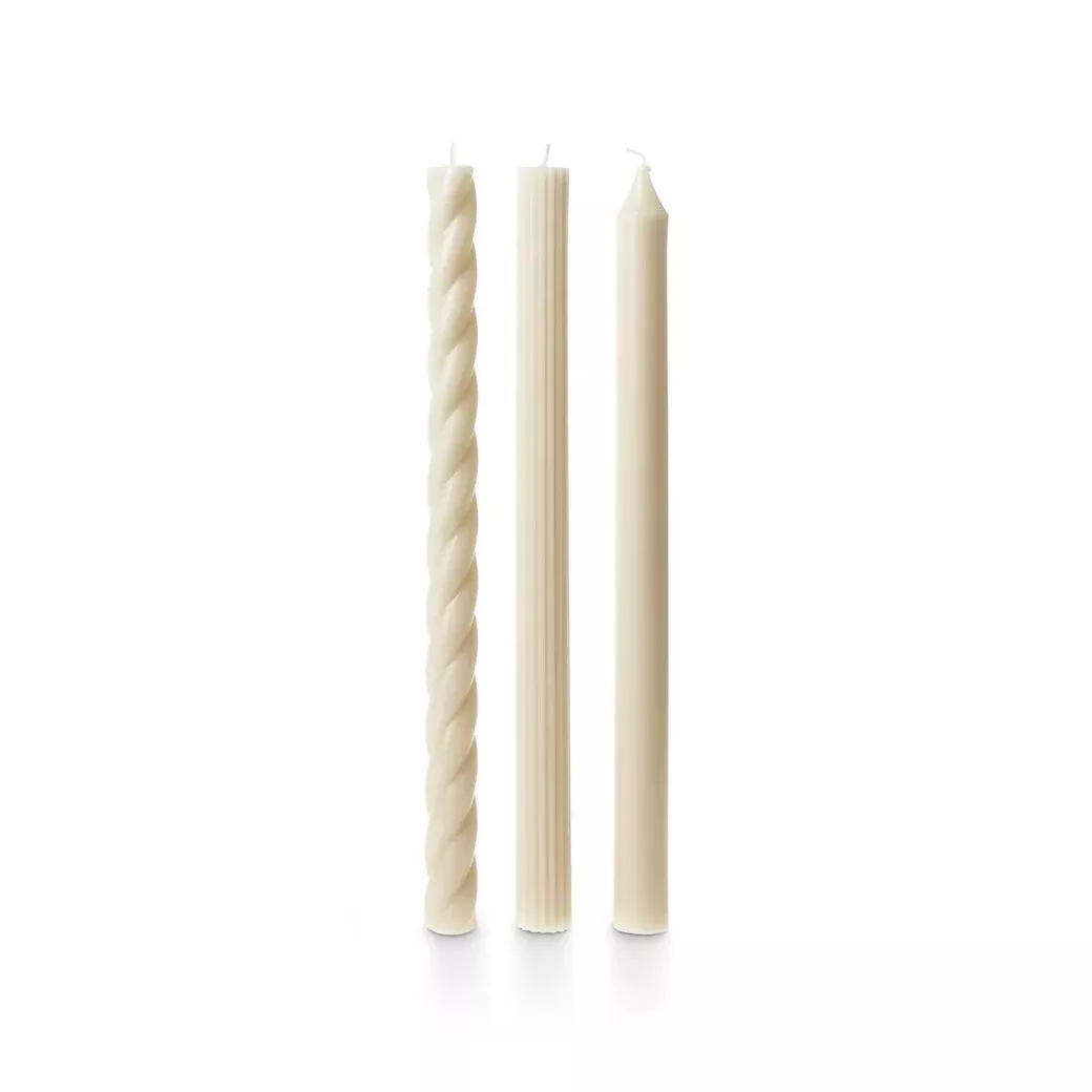Boxed Set of Three Assorted Taper Candles Off-White Color