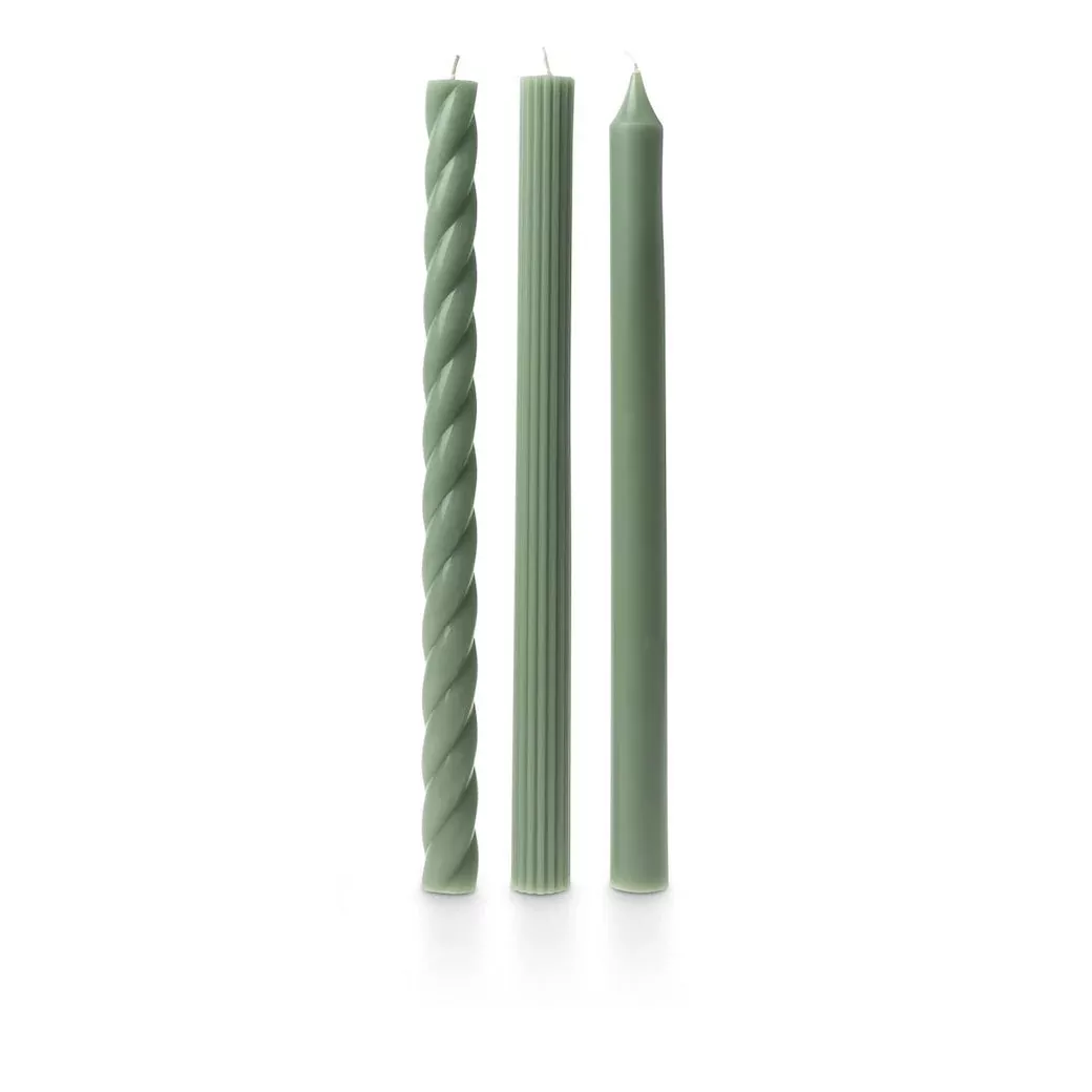 Boxed Set Three Assorted Taper Candles Sage Green
