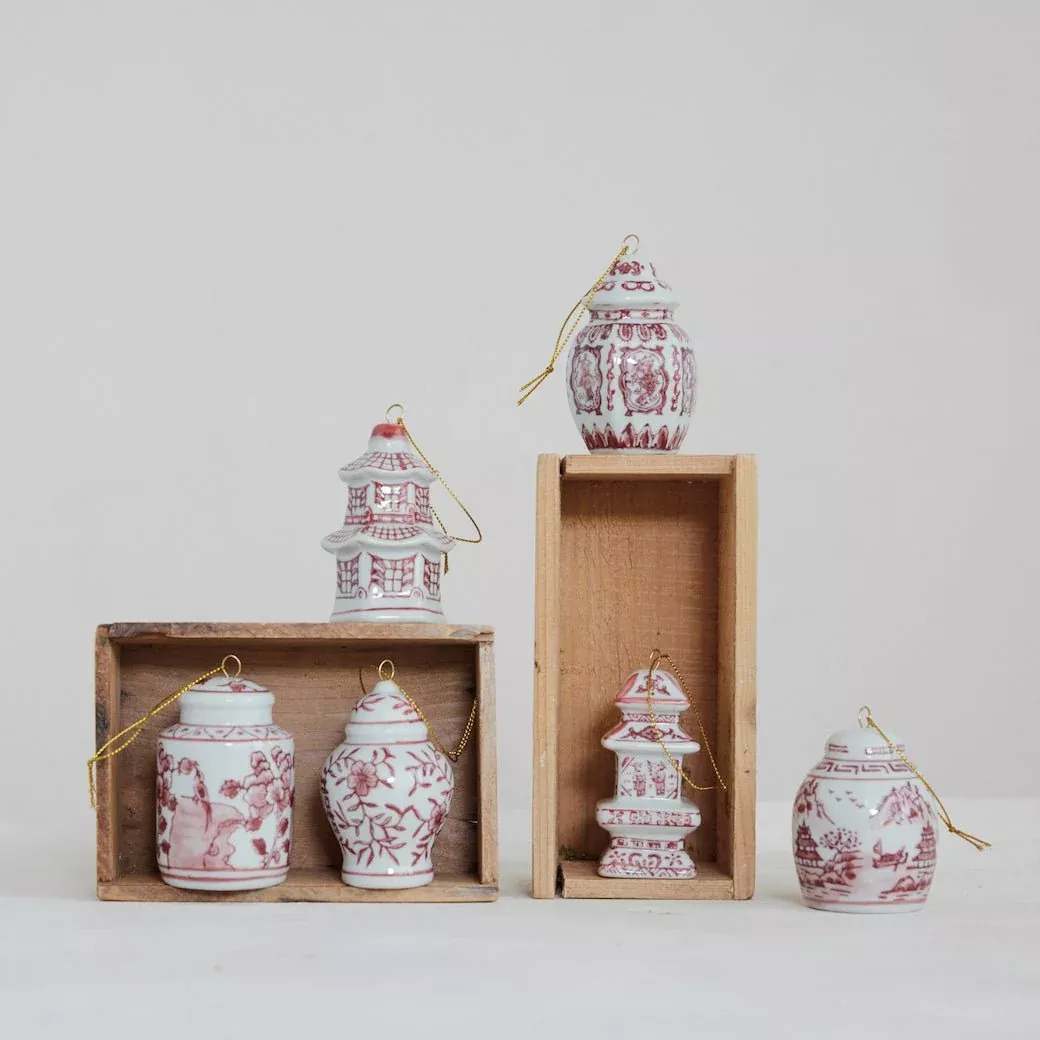 Burgundy & White Stoneware Ginger Jar Ornaments CHOICE of Six Styles