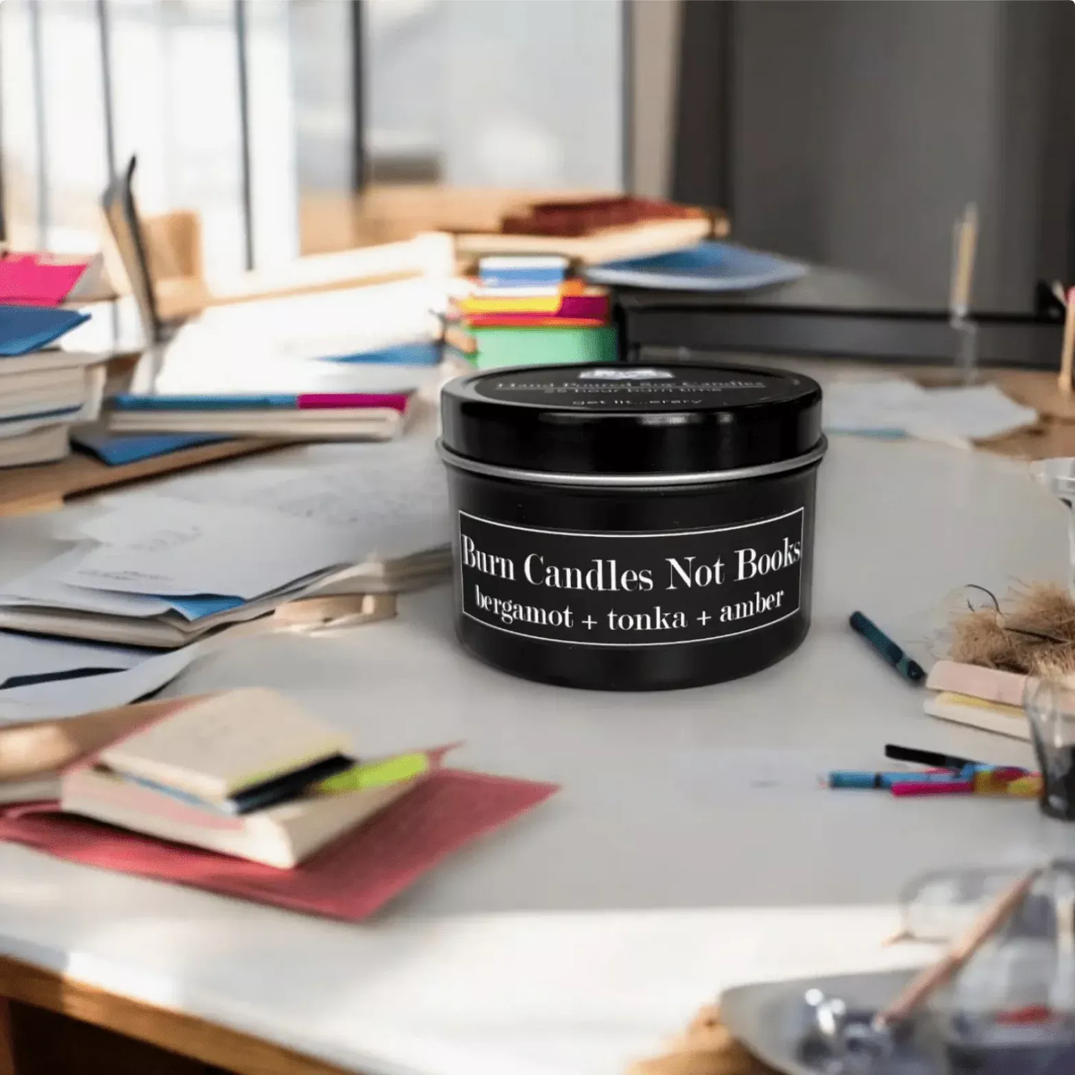 Burn Candles Not Books 4oz Soy Candle Bergamot, Tonka, Amber