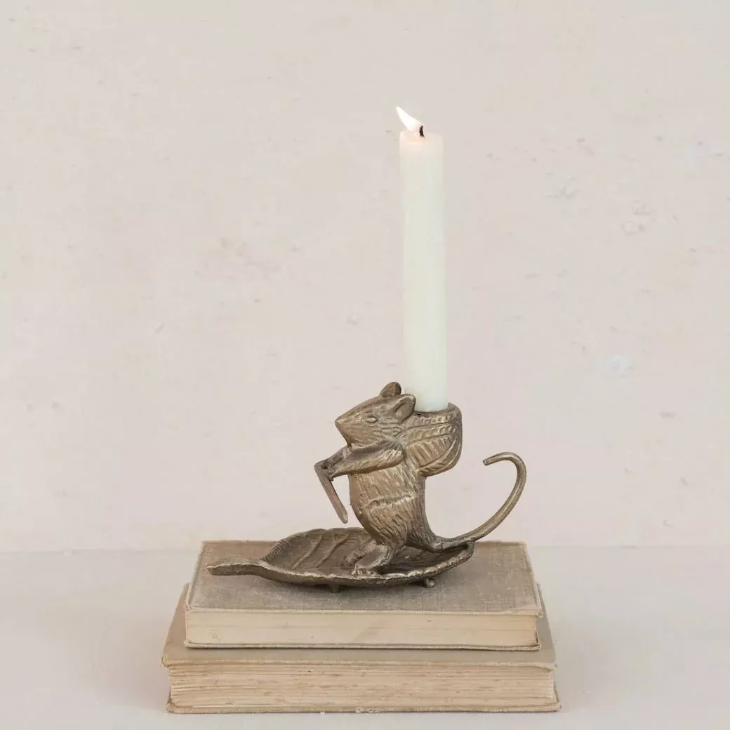 Cast Metal Taper Holder with Mouse on Leaf
