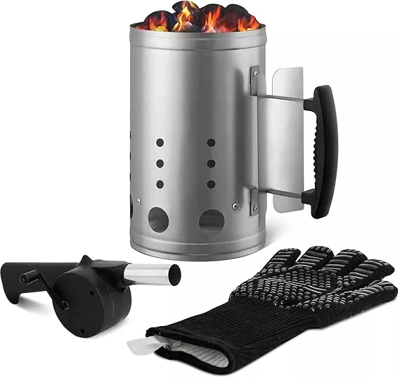 Charcoal Chimney Starter Set Charcoal Chimney Lighter Can A 1472℉ Heat Resistant Grill Glove Portable BBQ Fan Air Blower Outdoor Cooking Charcoal Barbecue Holder Accessories