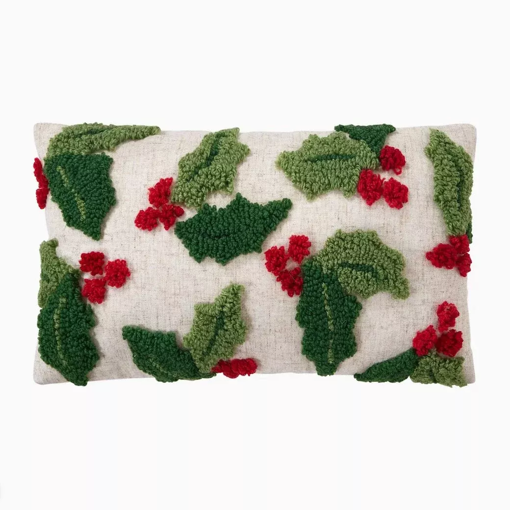 Christmas Pillow w Tufted Wool Holly w Red Berries