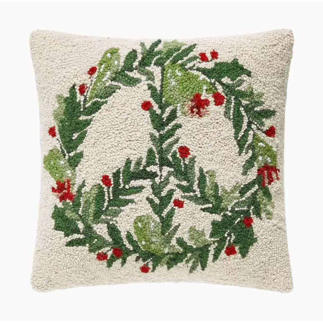 Christmas Wreath peace Sign Hooked Rug Pillow