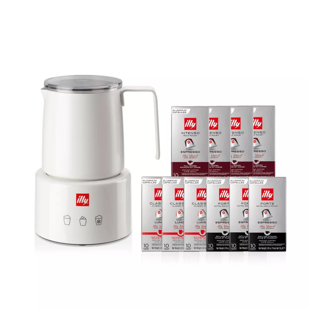 Coffee Bundle: Espresso Compatible Capsules 10s with illy Electric (Induction) Milk Frother – Bianco