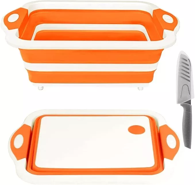 Collapsible Cutting Board, Foldable Chopping Board with Colander, Multifunctional Kitchen Vegetable Washing Basket Silicone Dish Tub for BBQ Prep/Picnic/Camping