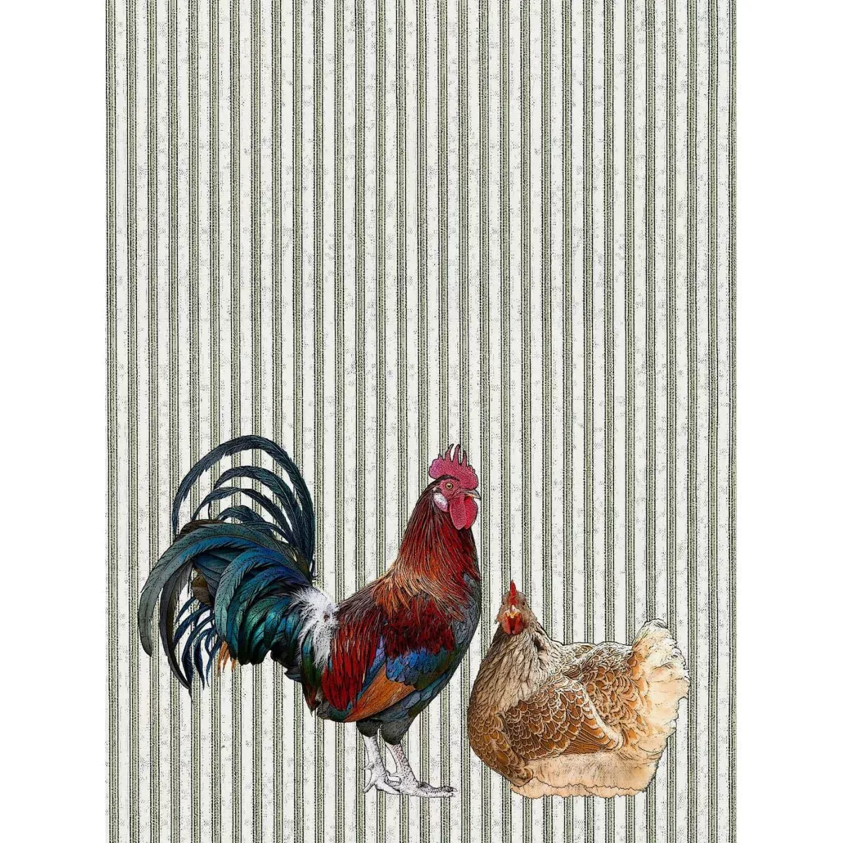 Colorful Hen & Rooster Flour Sack Towel w Ticking Stripe