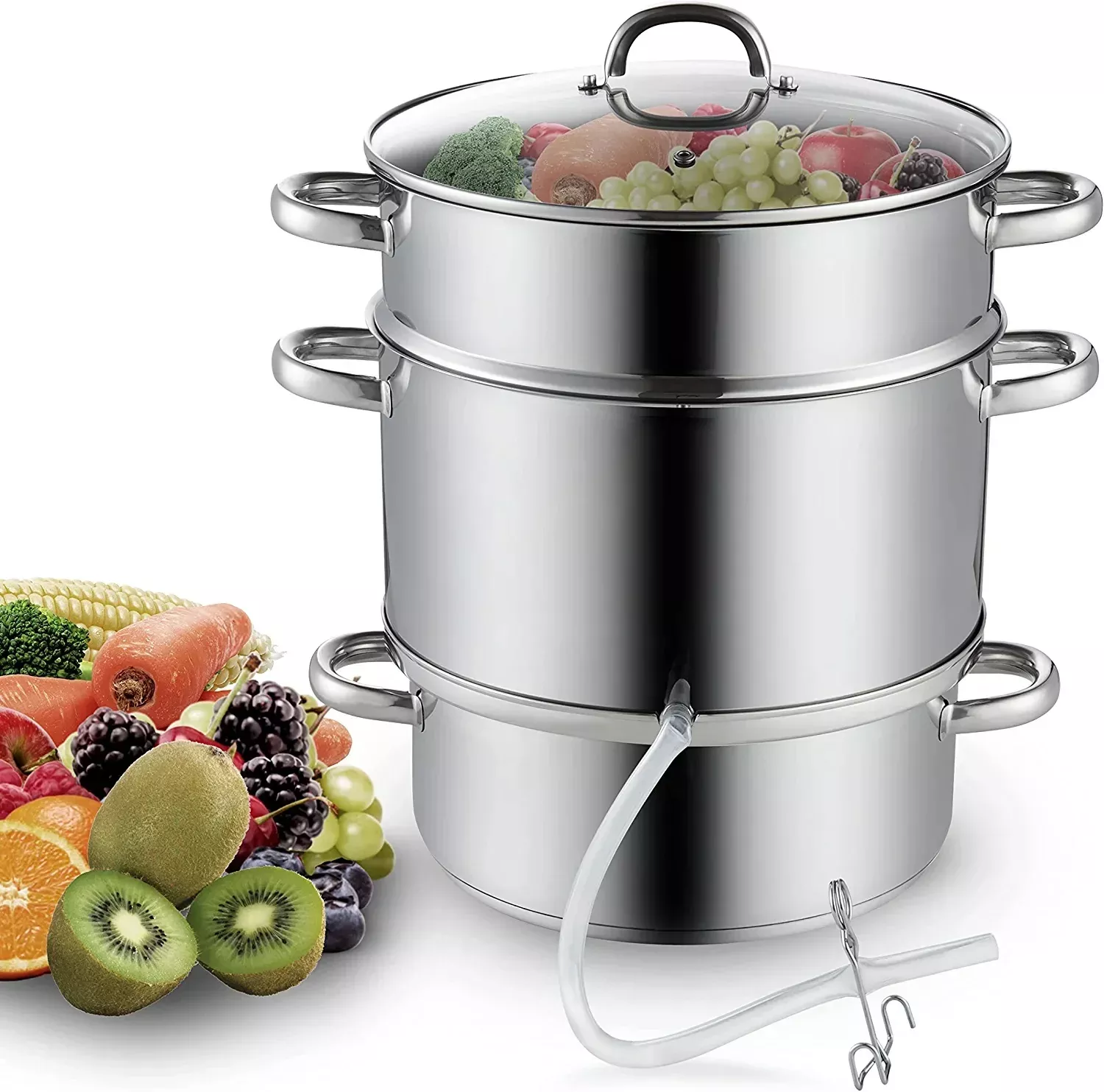 Cooks Standard Canning Juice & Jelly Steamer Extractor 11 Quart/28cm Multipot Fruit & Vegetables Stainless Steel &Glass Lid, with 2 Hose, 1 Clamp