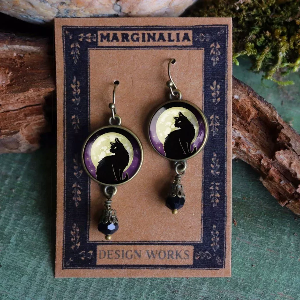 Cottage Core Halloween Black Cat and Full Moon Earrings