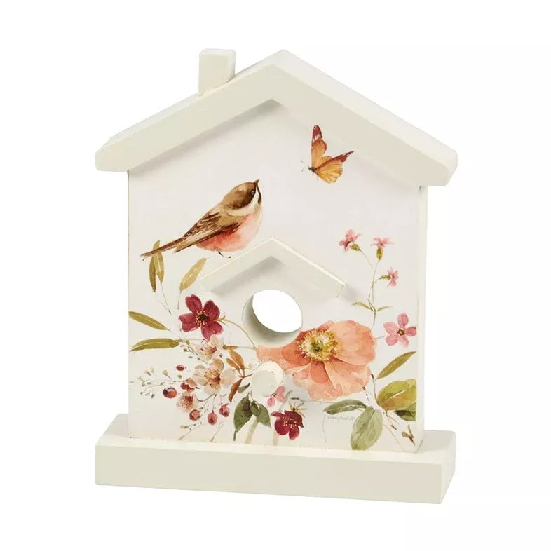 Decorative Chickadee & Floral Bird House Shaped Shelf Sitter