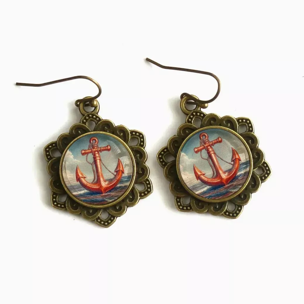 Deep Sea Anchor Earrings with Ornate Bezel for Pierced Ears