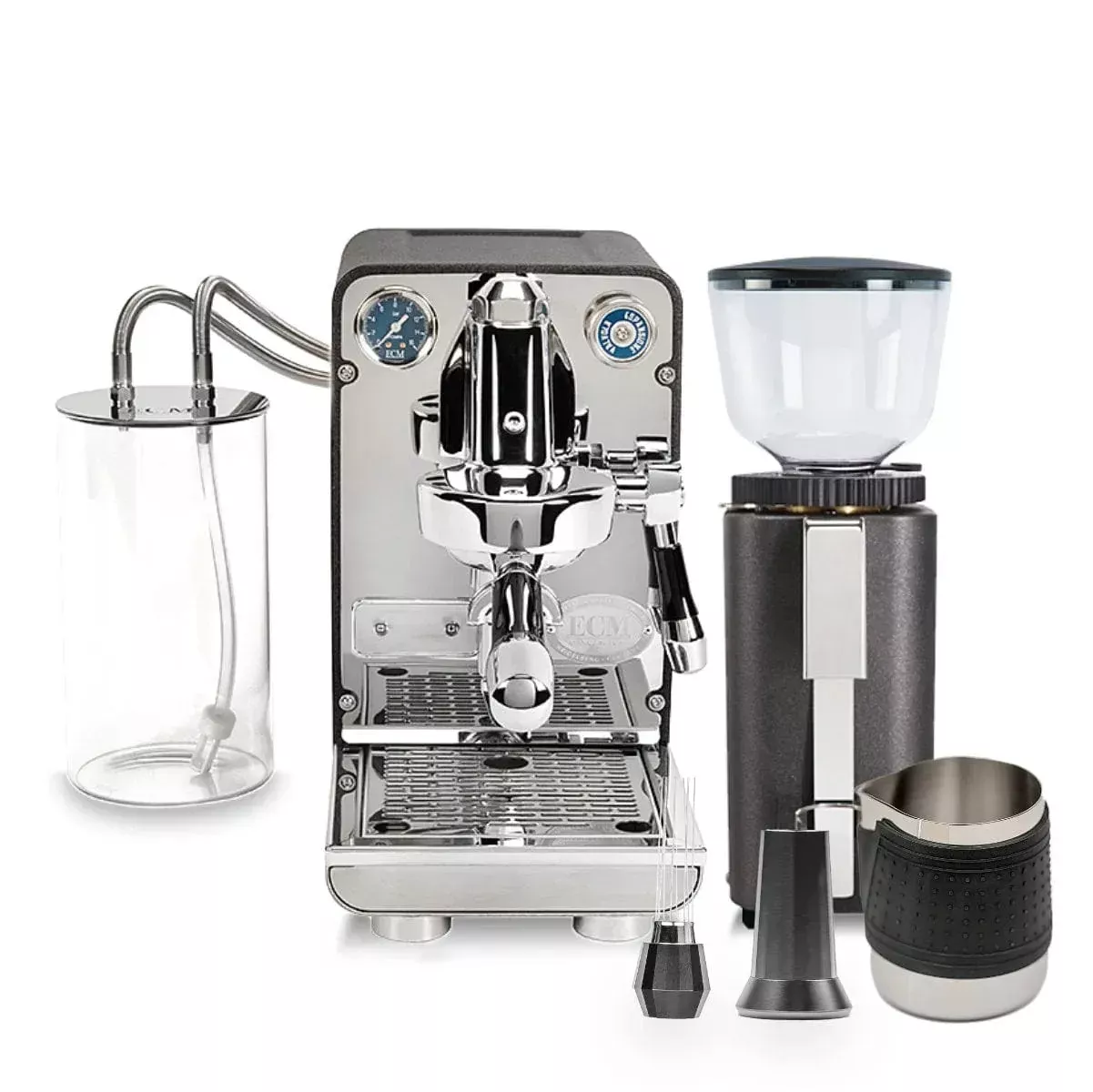 ECM Puristika Semi Automatic Espresso Machine (Anthracite), ECM C-Manuale 54 Burr Grinder (Anthracite) & Accessories Bundle